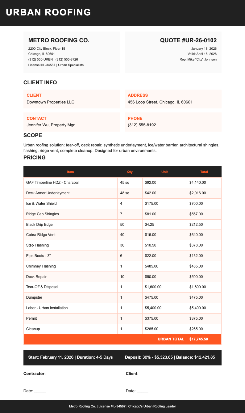 Urban modern roofing quotation